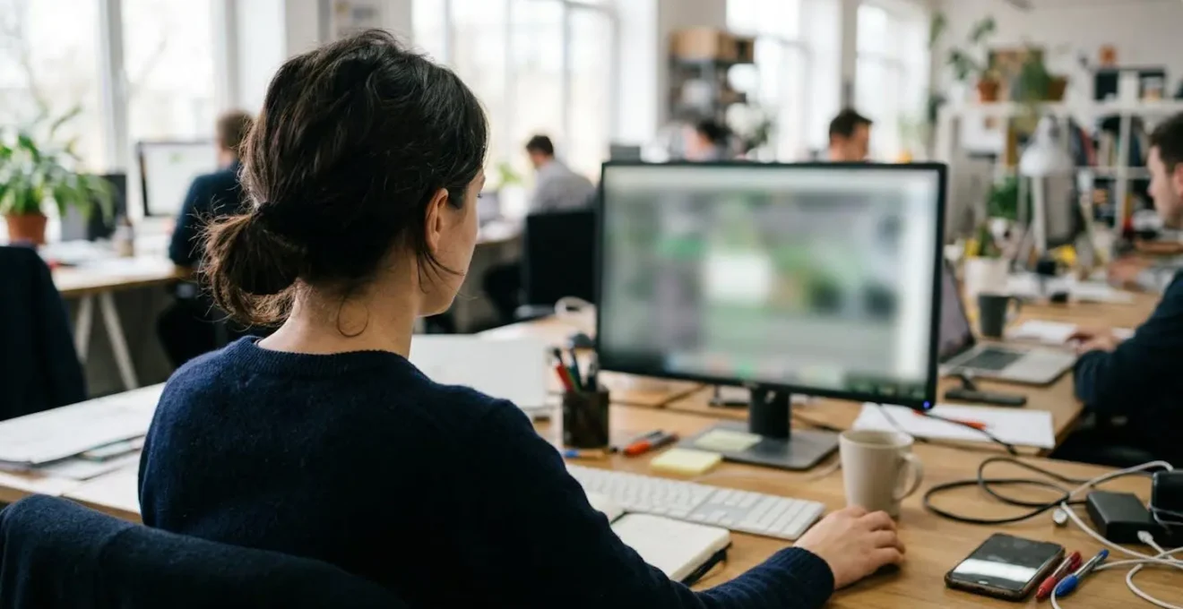 Écran d'ordinateur flouté avec tableur visible en arrière-plan, personne de dos tapant sur clavier, post-its collés autour de l'écran