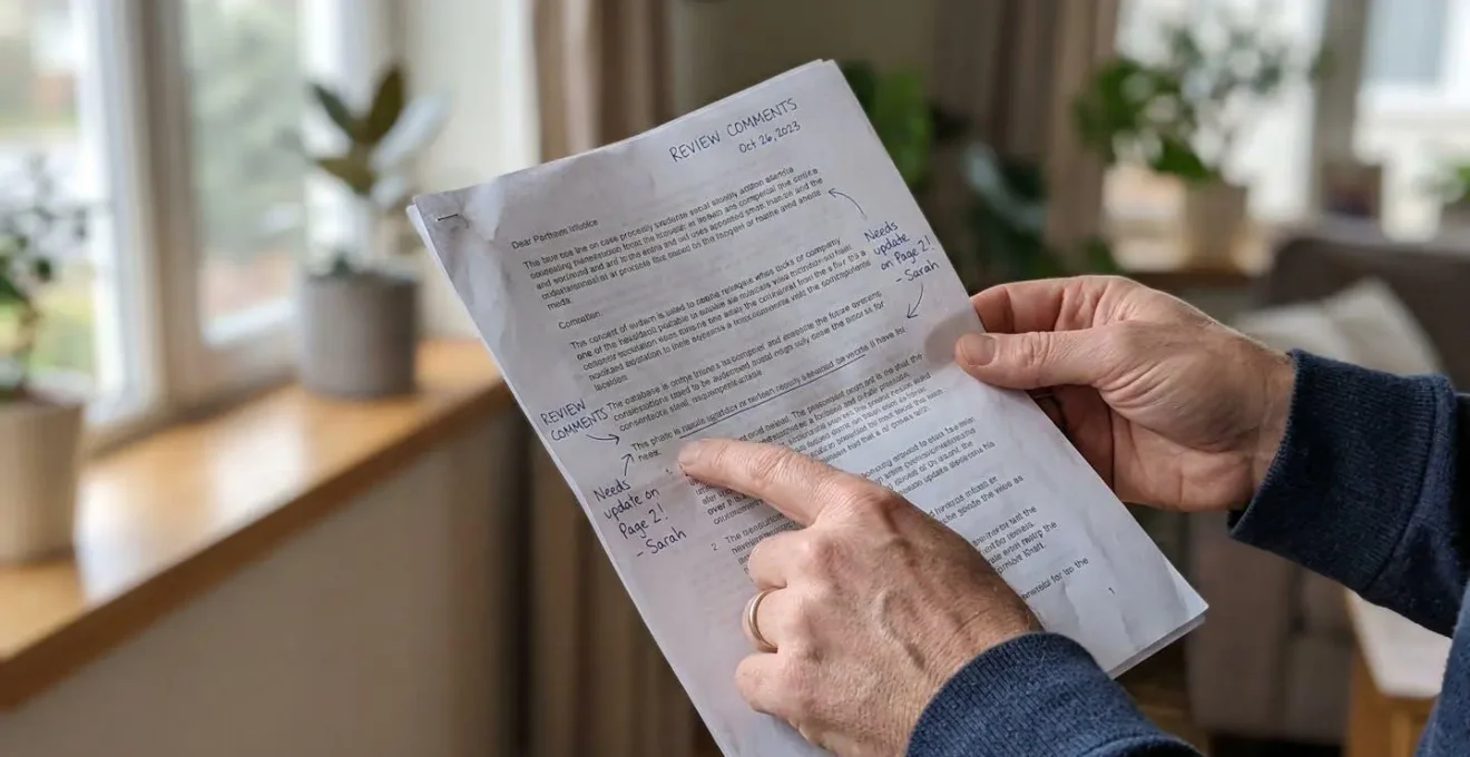 Mains d'une personne feuilletant un document administratif épais sur un bureau encombré de dossiers, stylo posé à côté