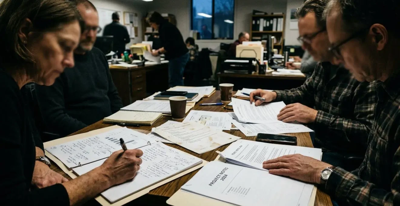Quelques salariés debout autour d'une table avec des documents dans une salle de pause d'entreprise, discussion collective